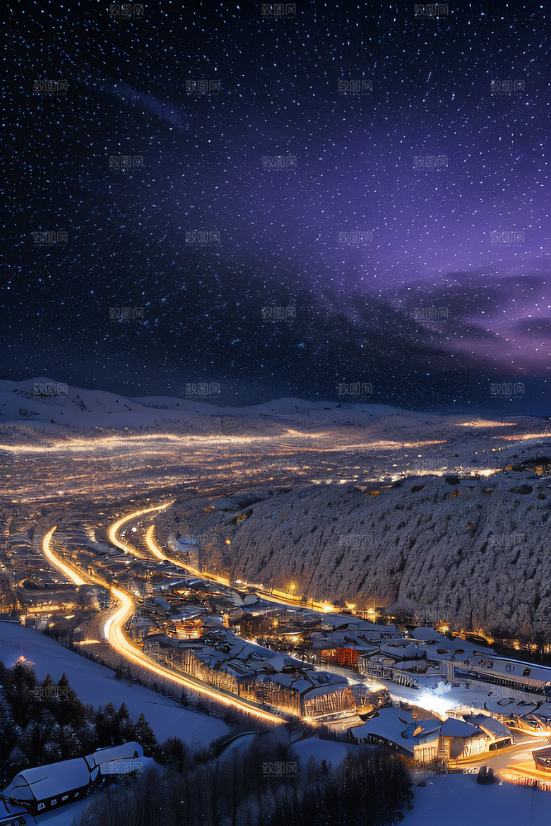 雪夜细腻紫光照耀下的夜雪美景