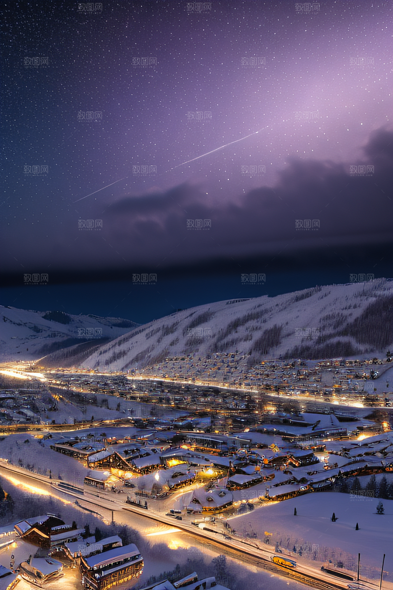 雪夜细腻紫光照耀下的夜雪美景