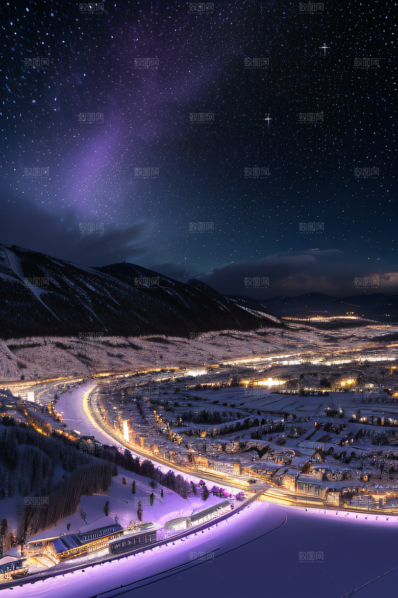 雪夜细腻紫光照耀下的夜雪美景