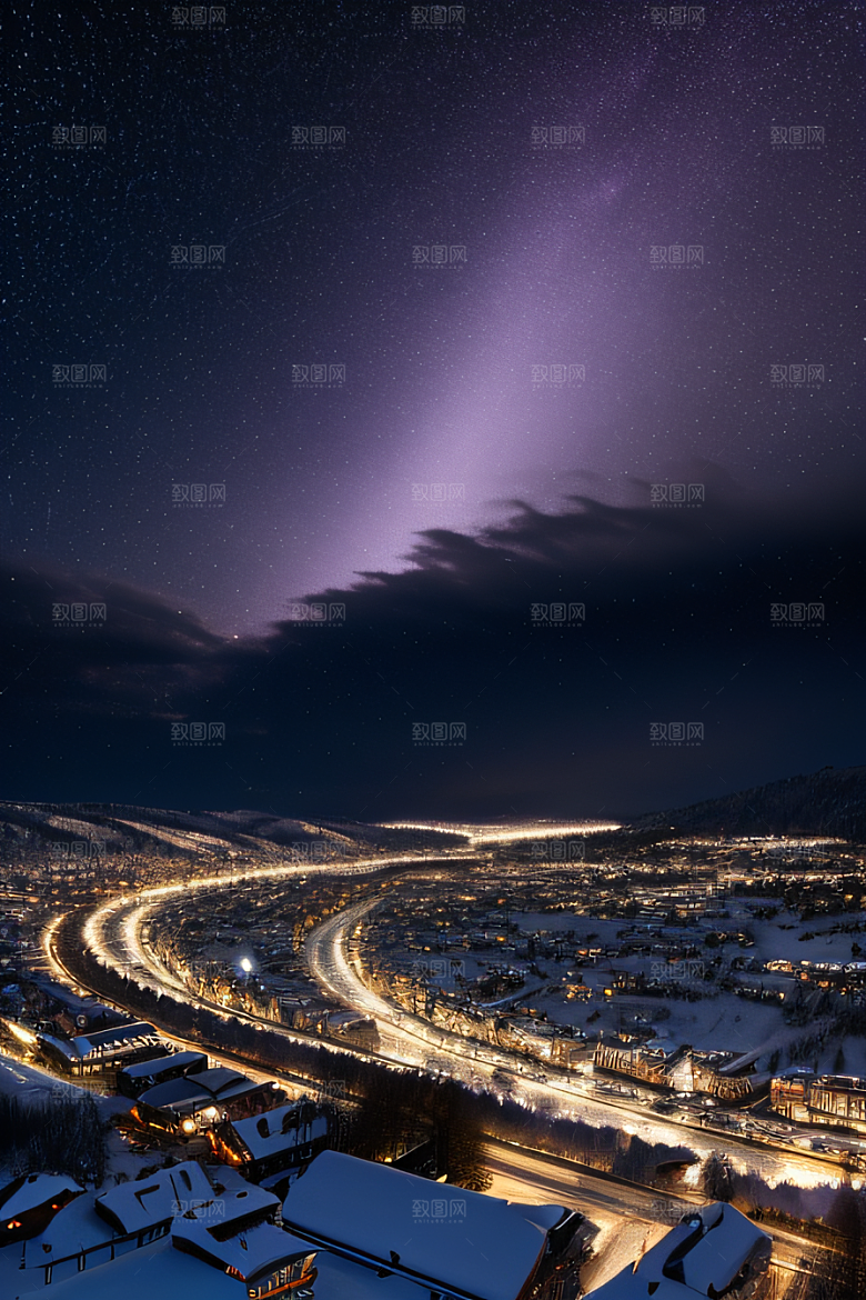 雪夜细腻紫光照耀下的夜雪美景