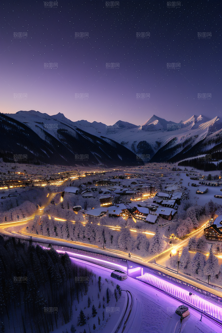 雪夜细腻紫光照耀下的夜雪美景
