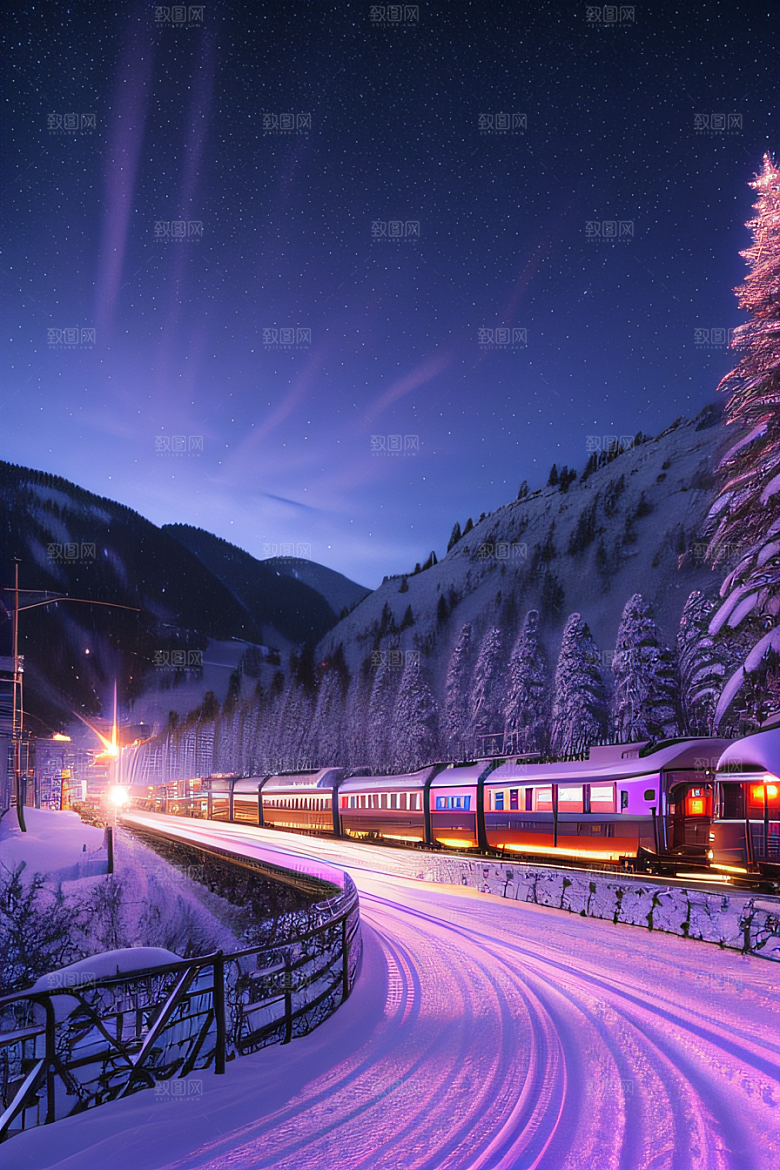 雪景仙境紫色光辉中的细雪飘飞