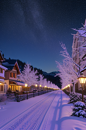 紫光瑞士夜晚的细雪与闪烁星空