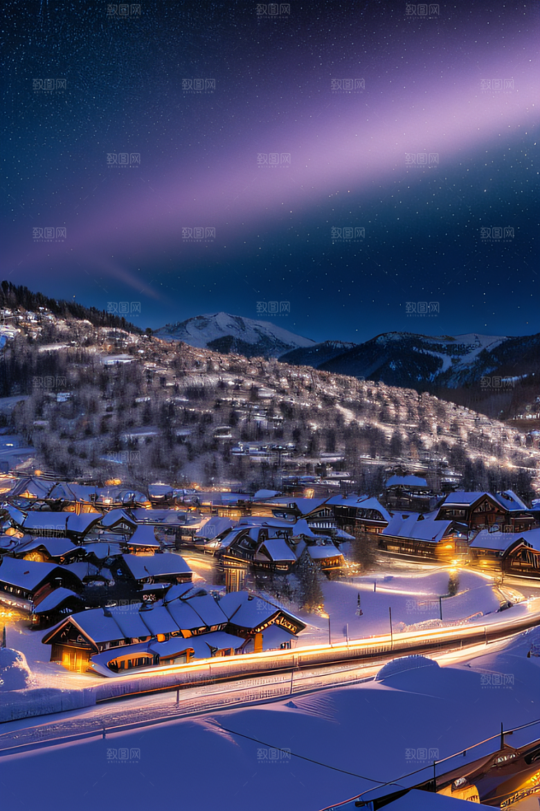 紫光瑞士夜晚的细雪与闪烁星空