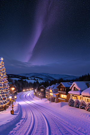 紫光瑞士夜晚的细雪与闪烁星空