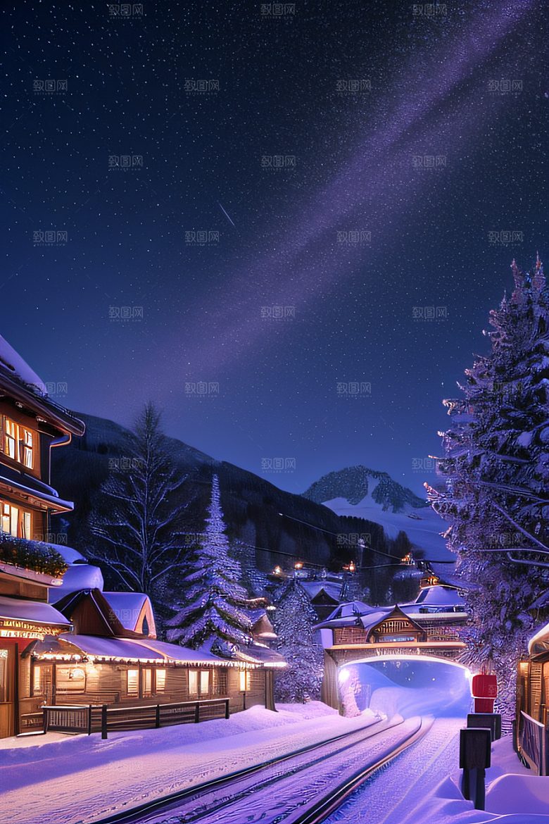 紫光瑞士夜晚的细雪与闪烁星空