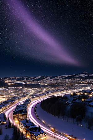 紫光瑞士夜晚的细雪与闪烁星空