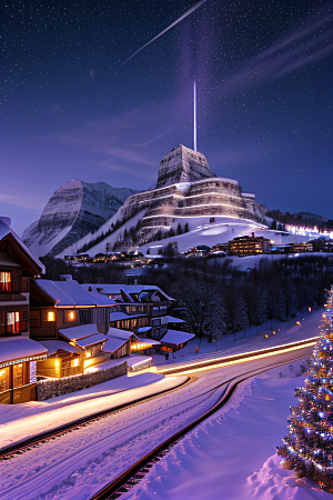 紫光瑞士夜晚的细雪与闪烁星空