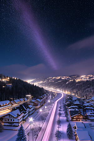 紫光瑞士夜晚的细雪与闪烁星空