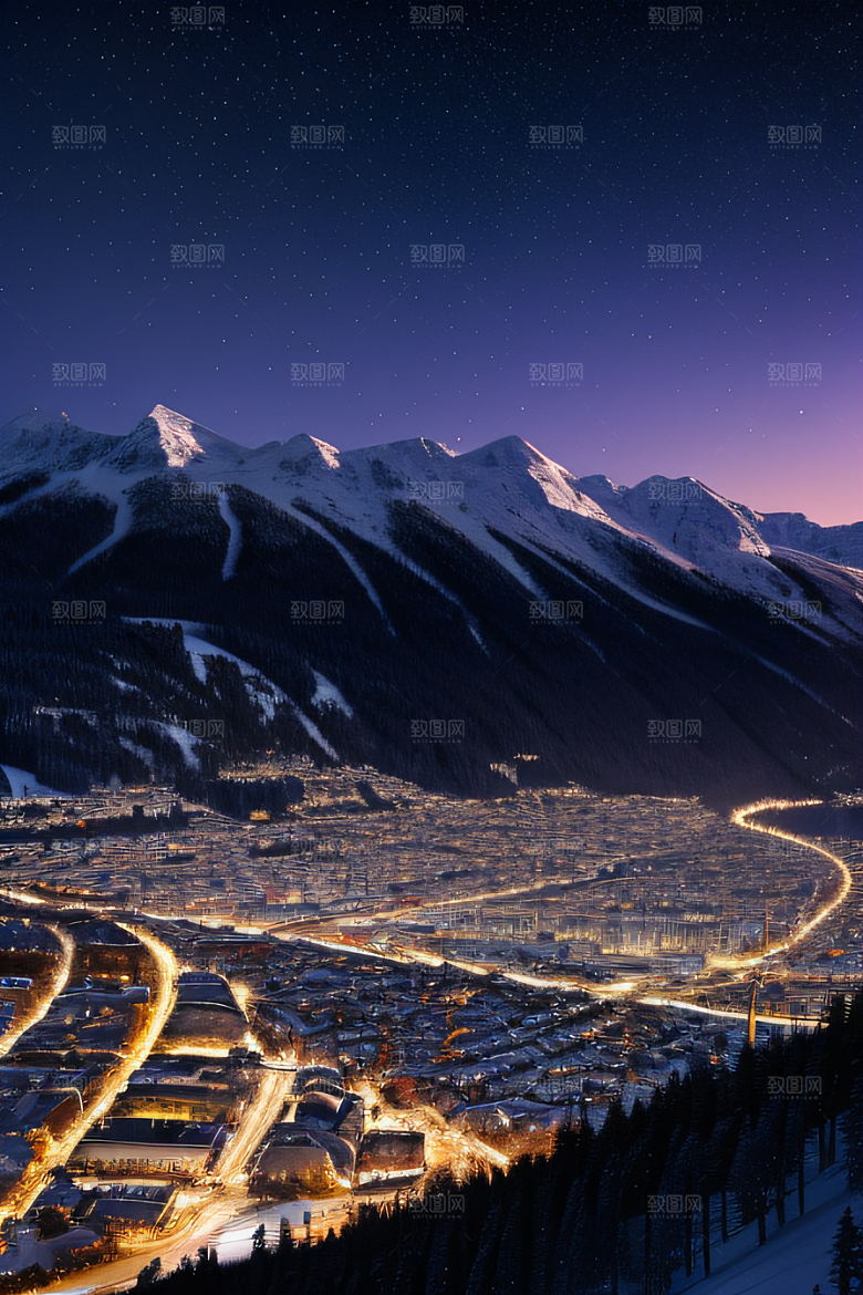 紫光瑞士夜晚的细雪与闪烁星空