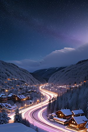 紫光瑞士夜晚的细雪与闪烁星空