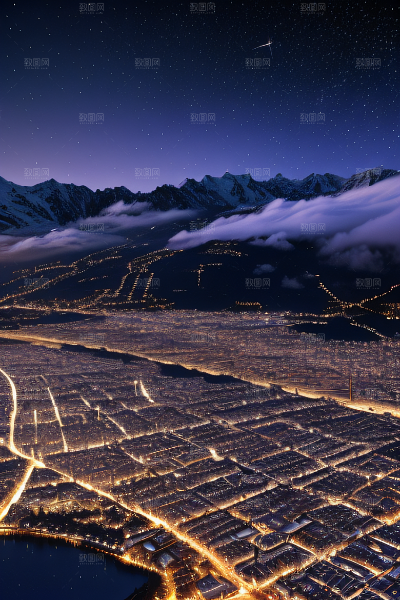 雪夜奇幻精细雪景下的紫光璀璨