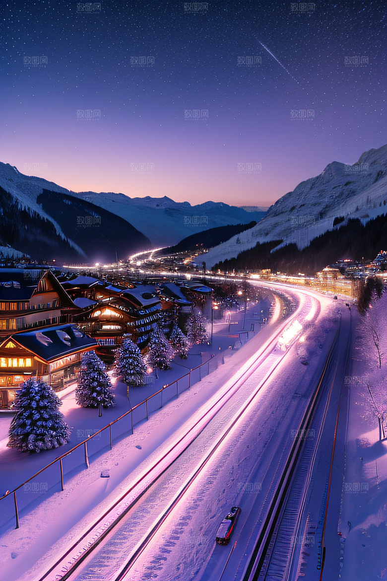 雪夜奇幻精细雪景下的紫光璀璨