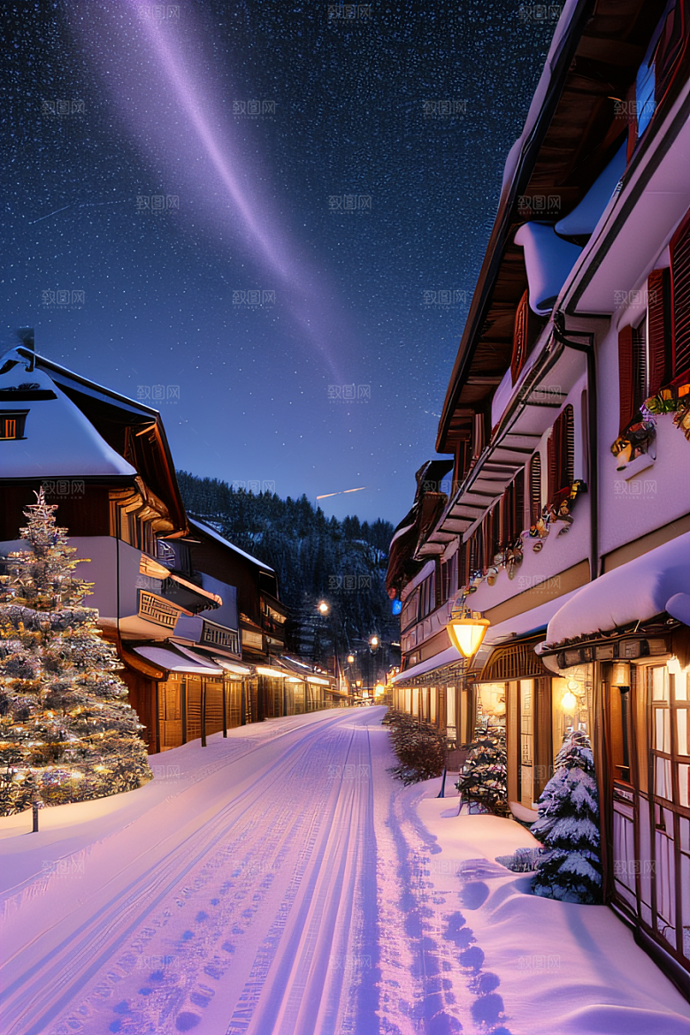 雪夜奇幻精细雪景下的紫光璀璨
