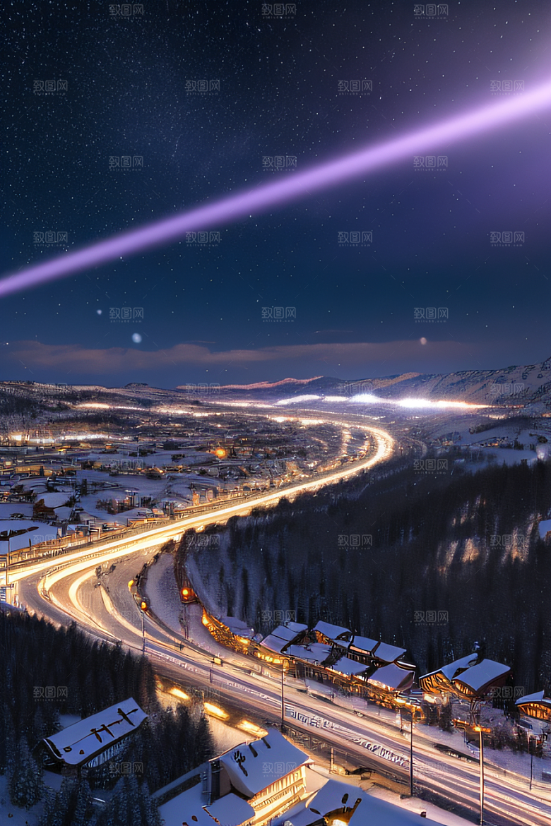 雪夜奇幻精细雪景下的紫光璀璨