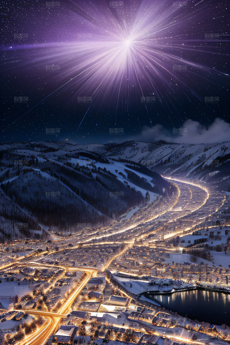 雪夜奇幻精细雪景下的紫光璀璨
