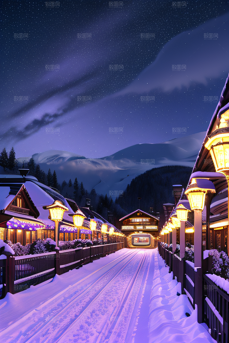 雪夜奇幻精细雪景下的紫光璀璨