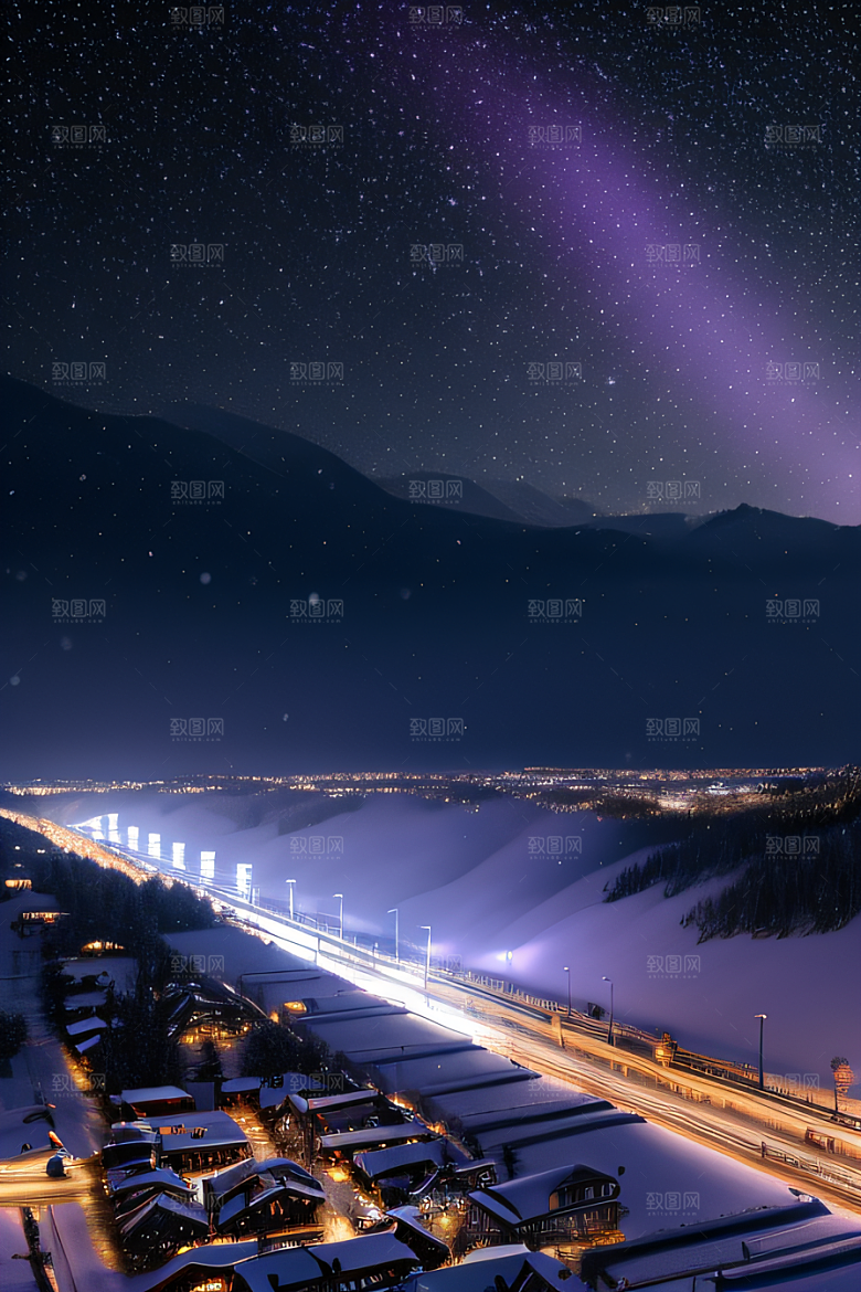 雪夜奇幻精细雪景下的紫光璀璨