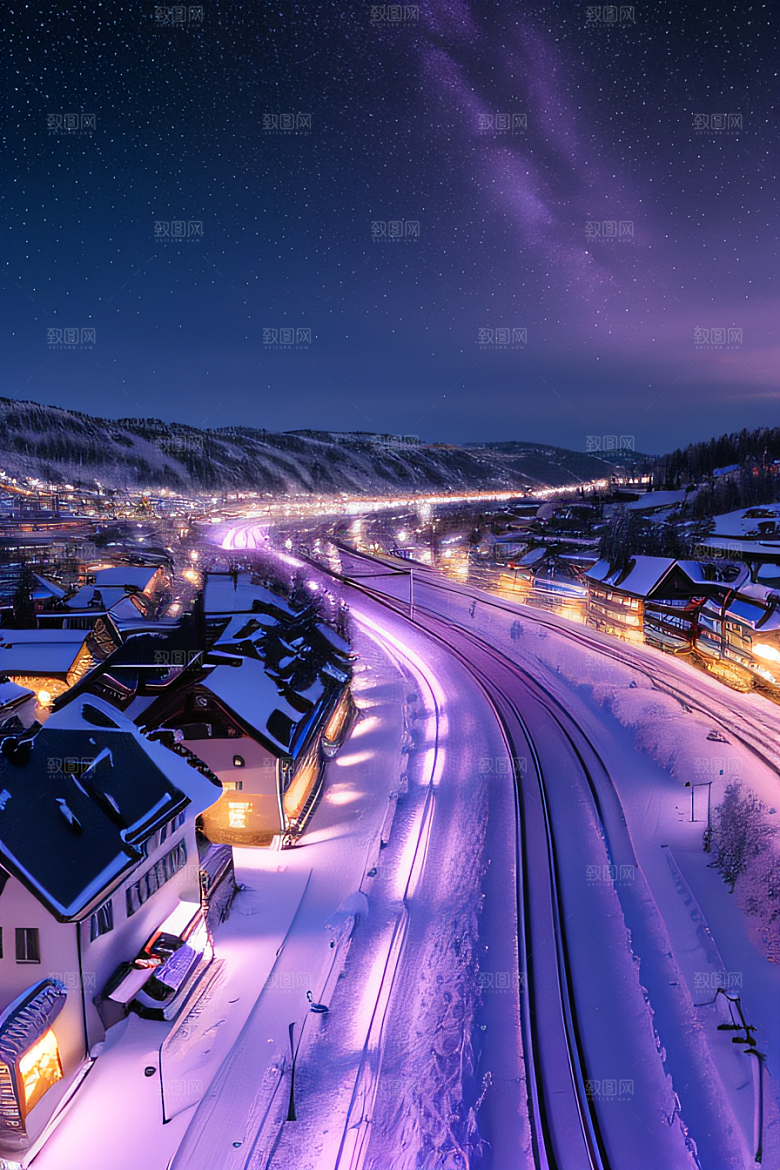 雪夜奇幻精细雪景下的紫光璀璨