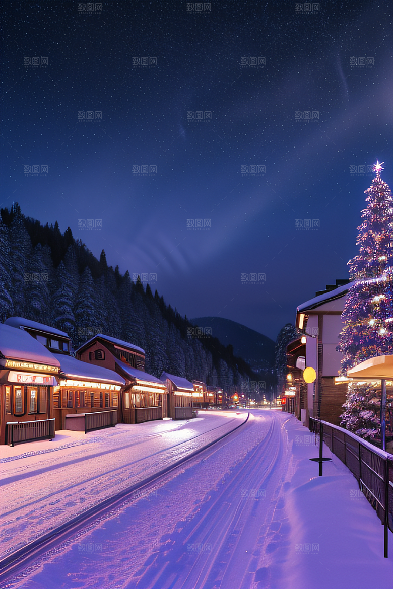 雪夜奇幻精细雪景下的紫光璀璨