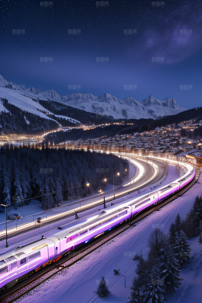 CG奇观紫光穿梭列车下的夜雪景色