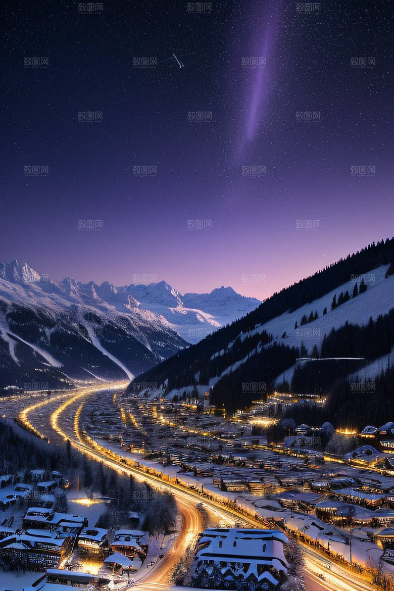 雪景细腻夜晚紫光照耀下的逼真效果