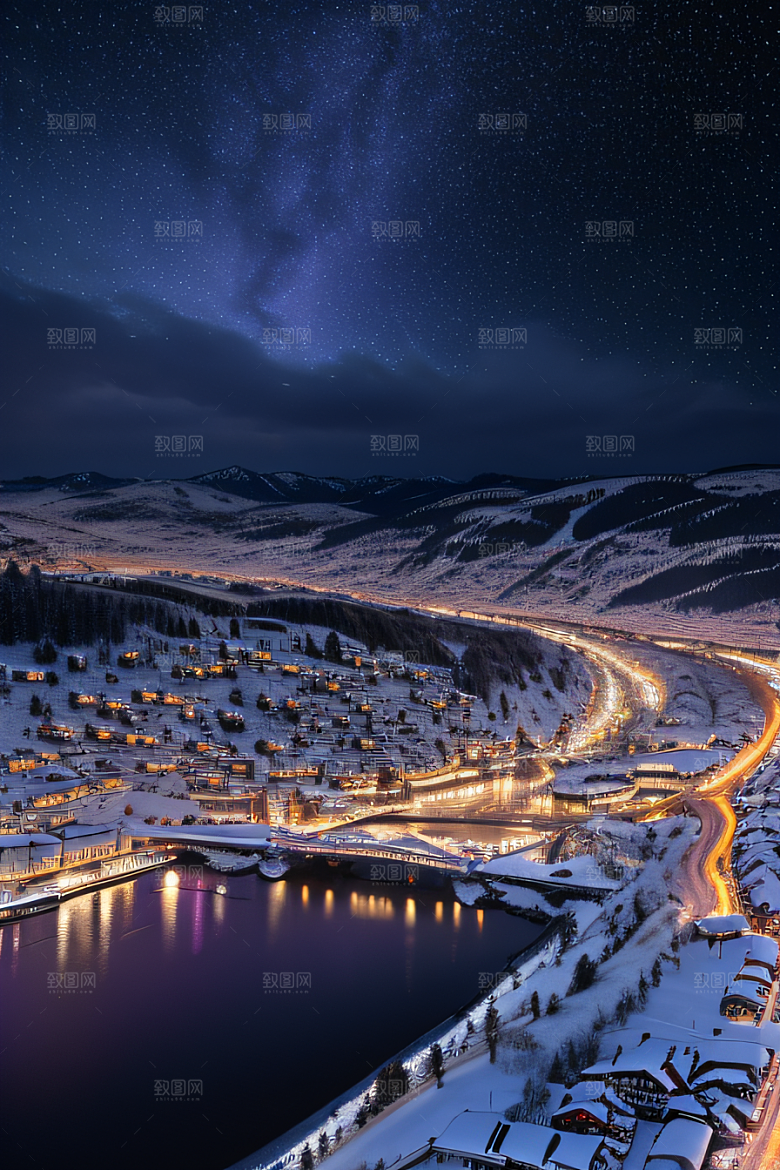 雪景细腻夜晚紫光照耀下的逼真效果