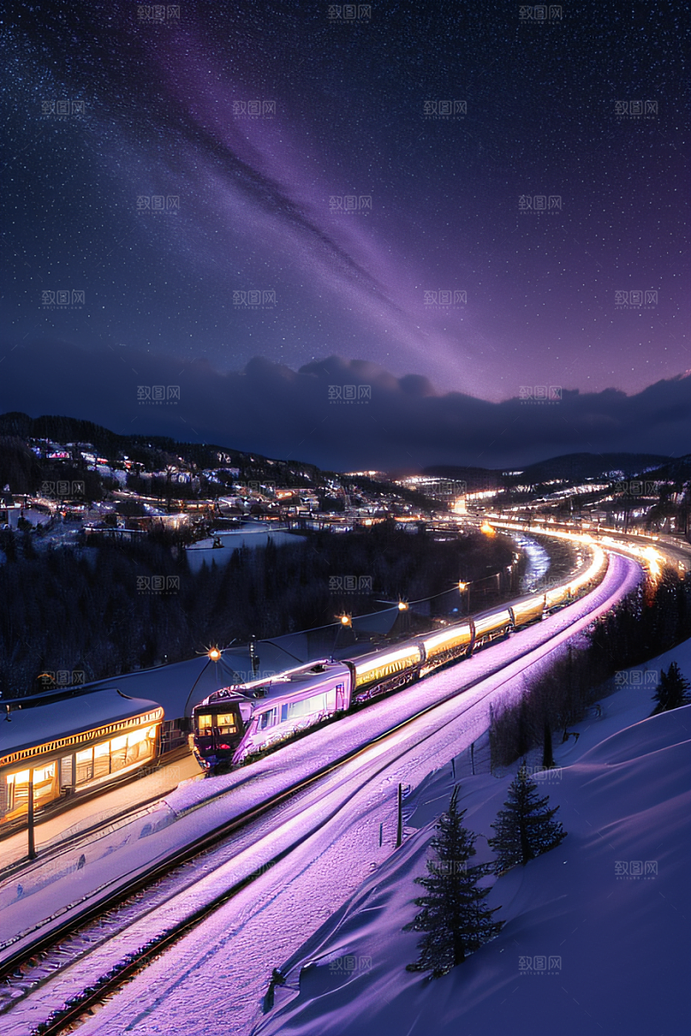 雪景细腻夜晚紫光照耀下的逼真效果