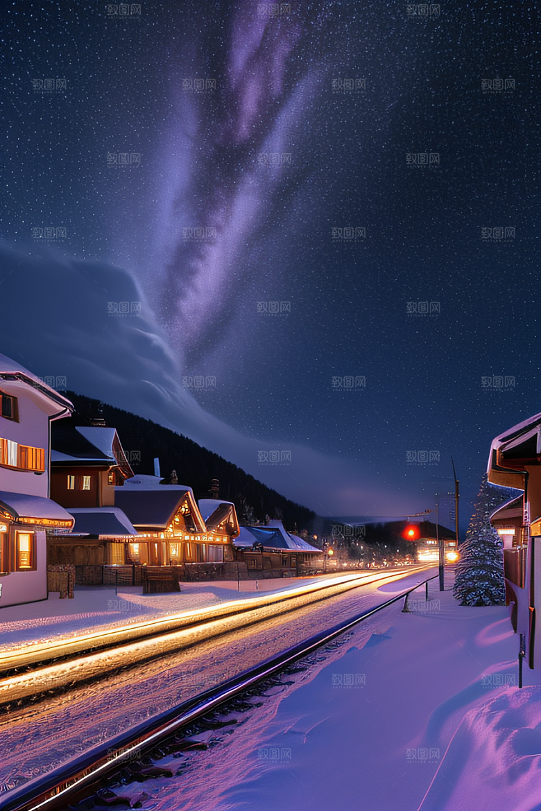 雪夜奇观紫色光辉下的细雪飘飞