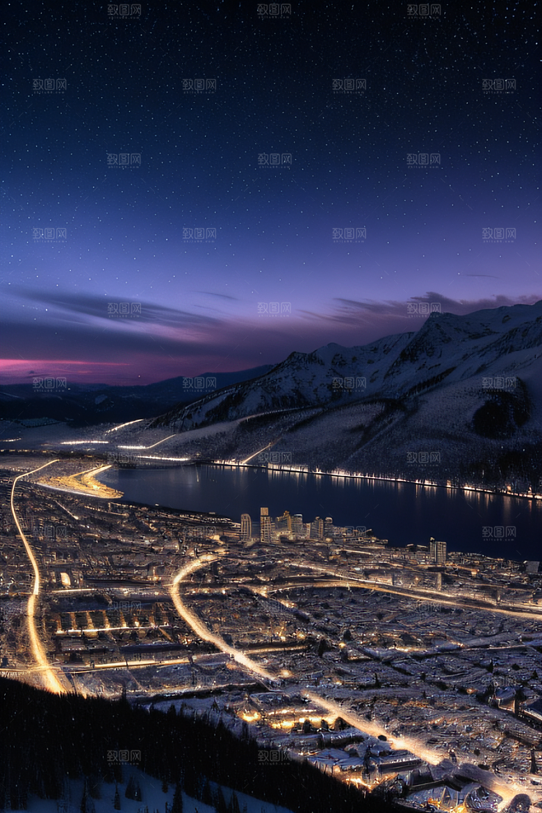 雪夜奇观紫色光辉下的细雪飘飞