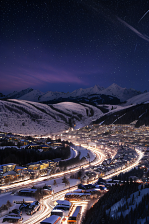 瑞士小镇夜晚的紫色光辉与闪烁星空