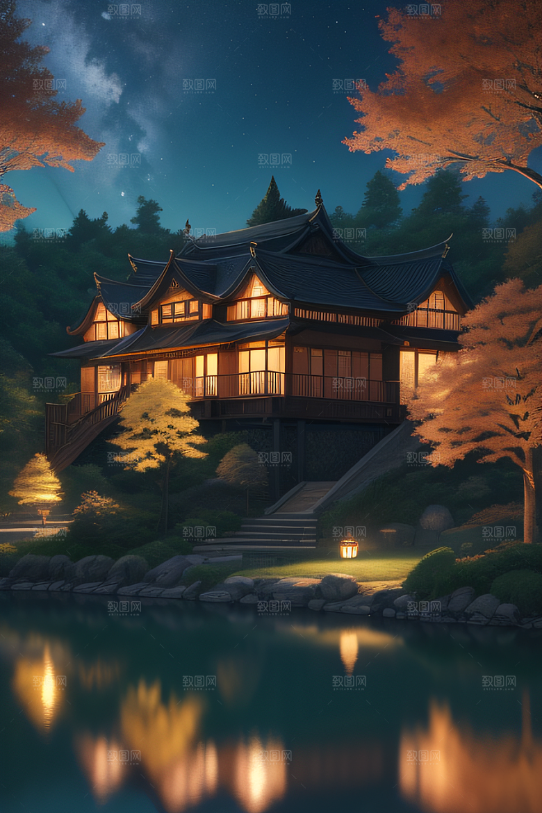 宁静幻境金色树木与童话光芒的奇幻画景