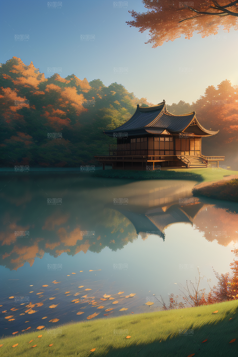 宁静幻境金色树木与童话光芒的奇幻画景