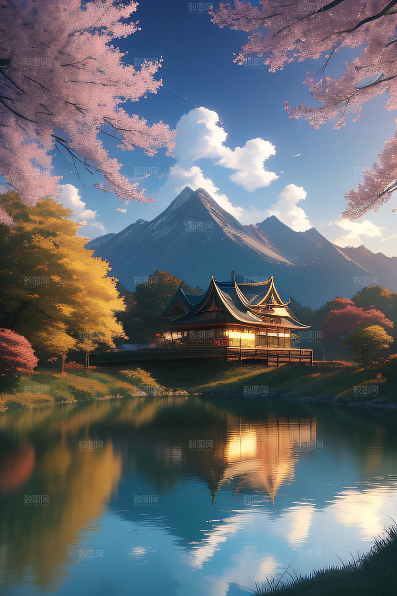 宁静幻境金色树木与童话光芒的奇幻画景