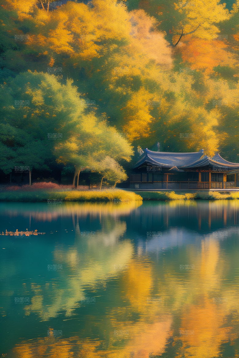 宁静幻境金色树木与童话光芒的奇幻画景