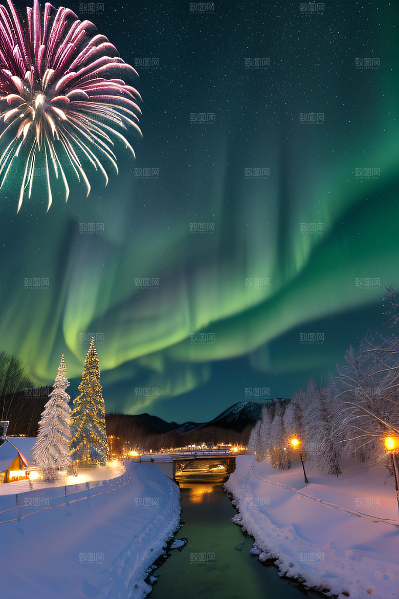 冬季仙境之美星光雪景和烟花的奇幻舞蹈