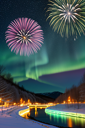 冬季仙境之美星光雪景和烟花的奇幻舞蹈