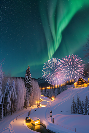 冬季仙境之美星光雪景和烟花的奇幻舞蹈
