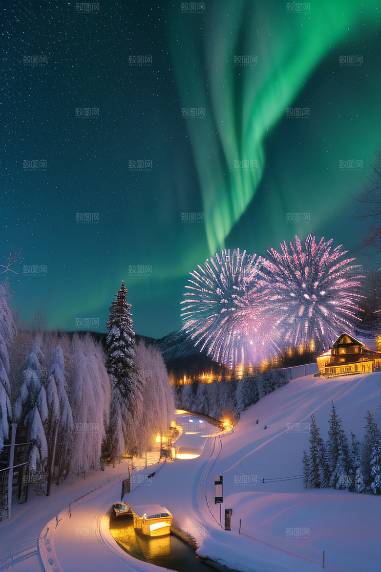 冬季仙境之美星光雪景和烟花的奇幻舞蹈