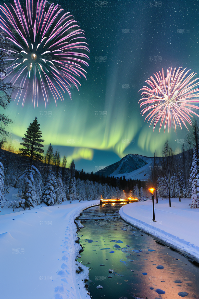 冬季仙境之美星光雪景和烟花的奇幻舞蹈