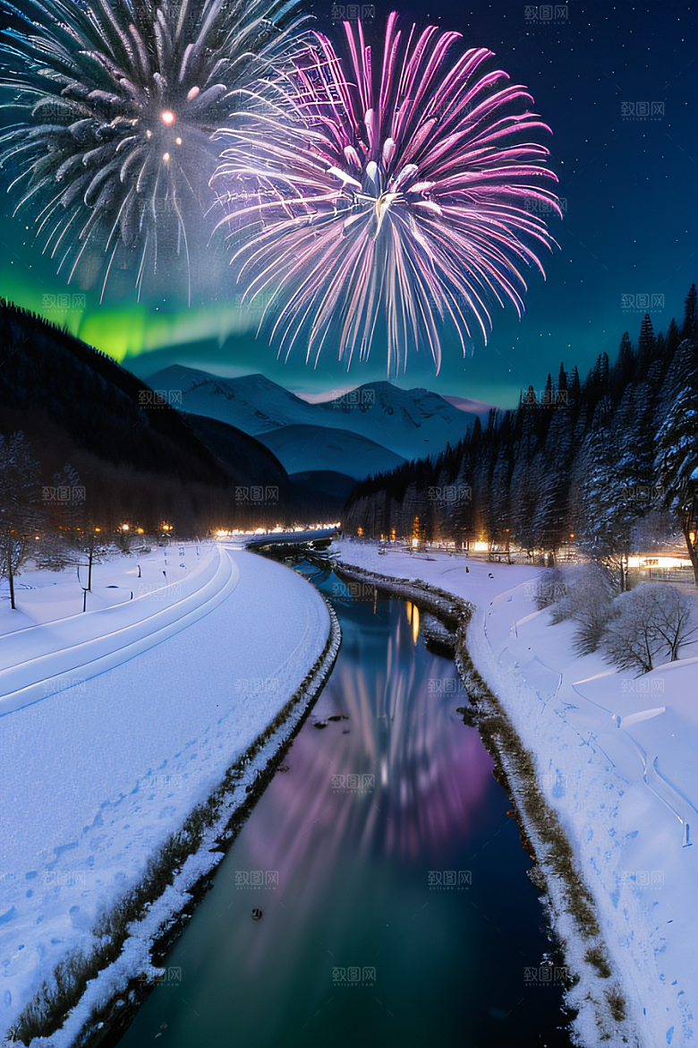 冬季仙境之美星光雪景和烟花的奇幻舞蹈