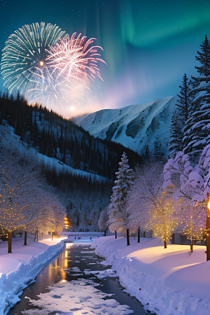 冬日仙境的魅力烟花星光和雪景的奇幻