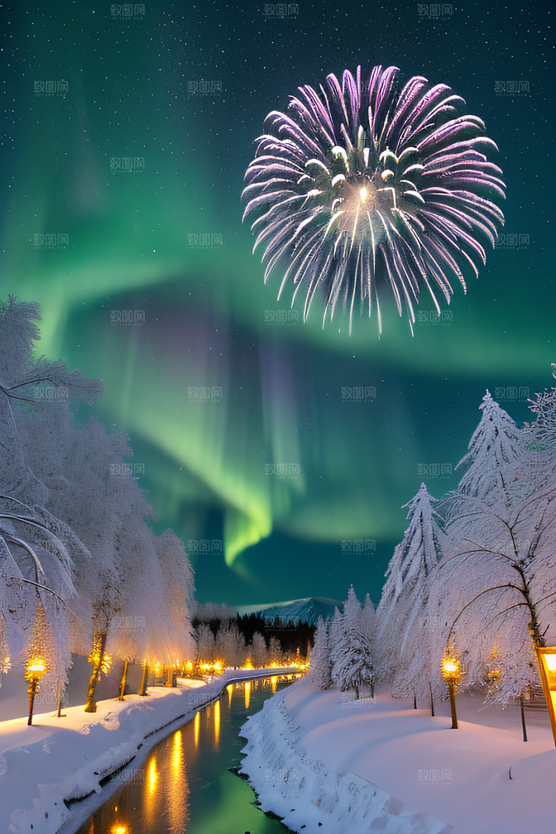 冬日仙境的魅力烟花星光和雪景的奇幻