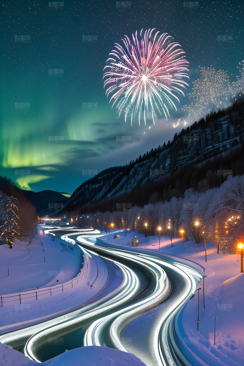 冬日仙境的魅力烟花星光和雪景的奇幻