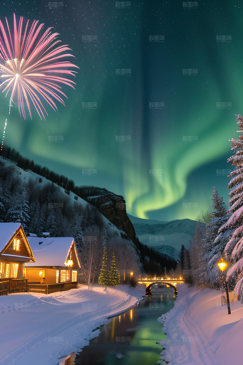 冬日仙境的魅力烟花星光和雪景的奇幻