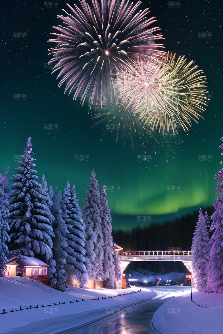 冬日仙境的魅力烟花星光和雪景的奇幻
