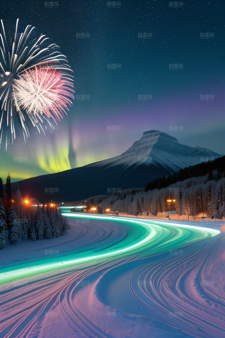 冬季仙境之美星光雪景和烟花的奇幻舞蹈