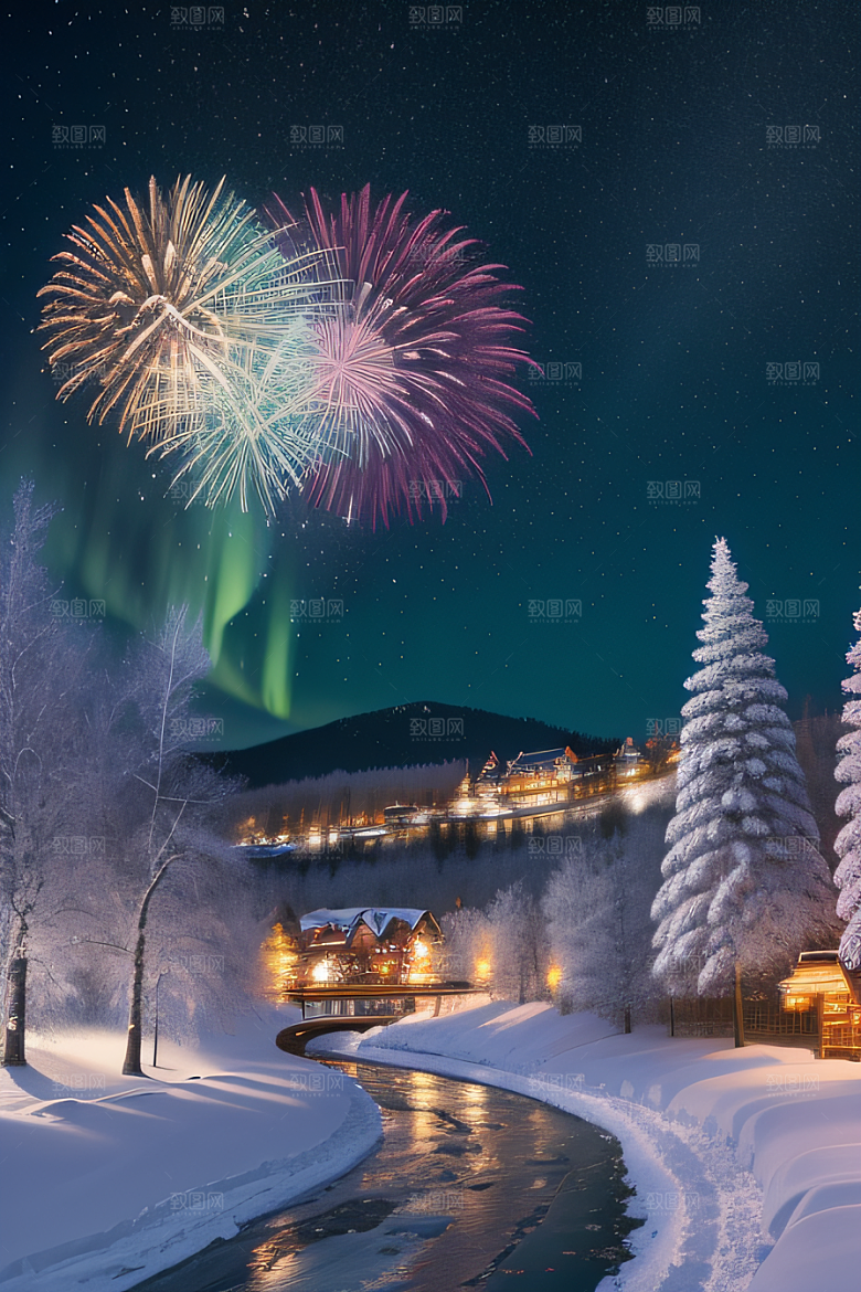 冬季仙境之美星光雪景和烟花的奇幻舞蹈