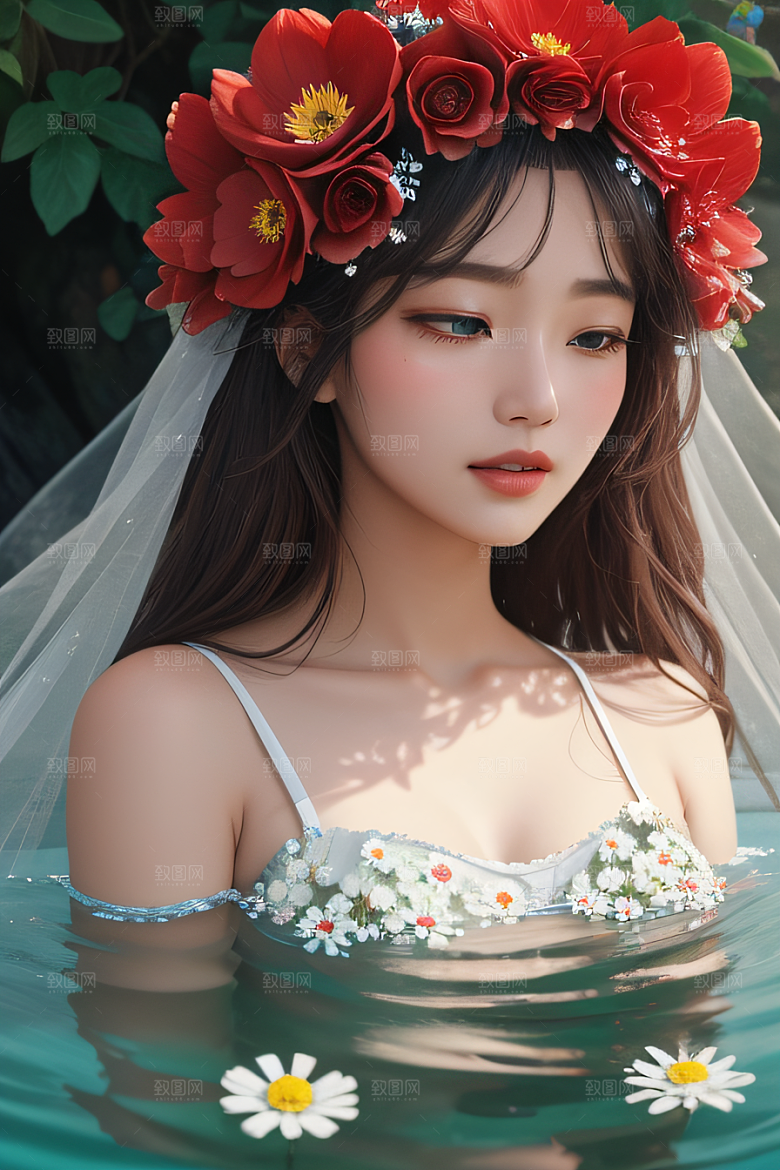 神秘红花深海水底花瓣与心露相映
