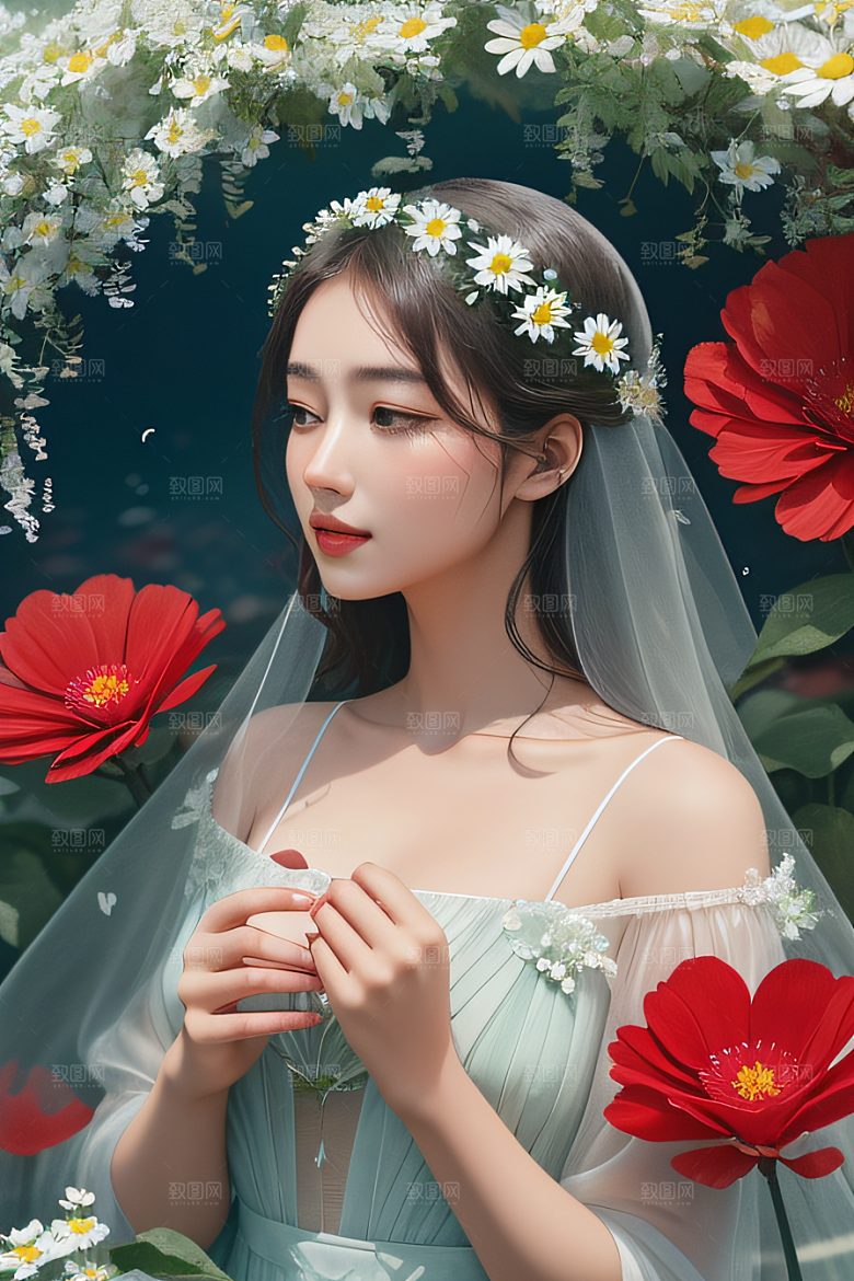 神秘红花深海水底花瓣与心露相映
